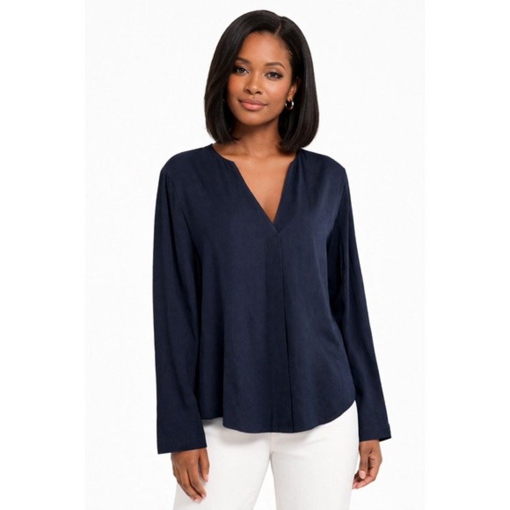 Esprit Navy Blue V-Neck Long Sleeve Blouse 12 Resortwear Chic Lagenlook 84-11